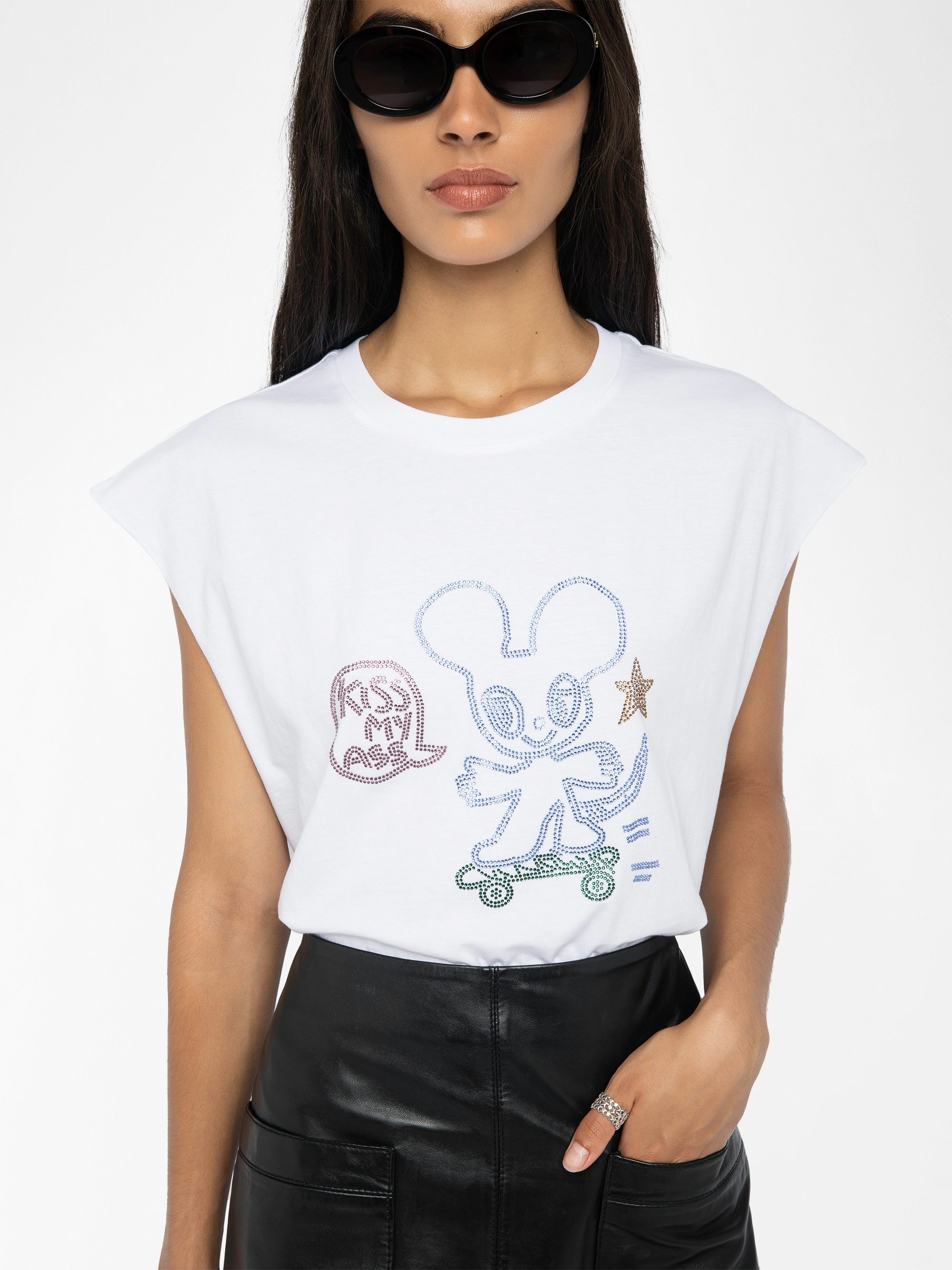 Canottiera Cloe - T-shirt senza maniche con strass sul davanti.